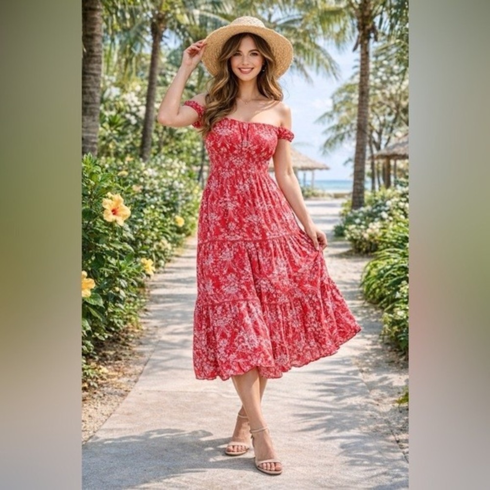Abel the Label Red Floral Paisley Smocked Tiered Off Shoulder Maxi Dress Medium‎